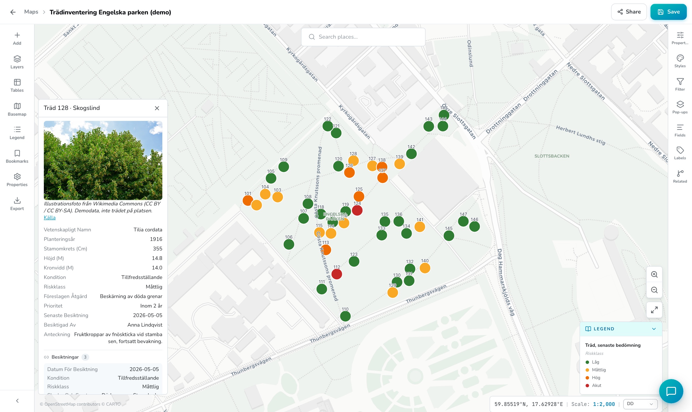 The stand map with one tree opened: photo, species, planting year, measurements, latest assessment and below it the list of earlier inspections