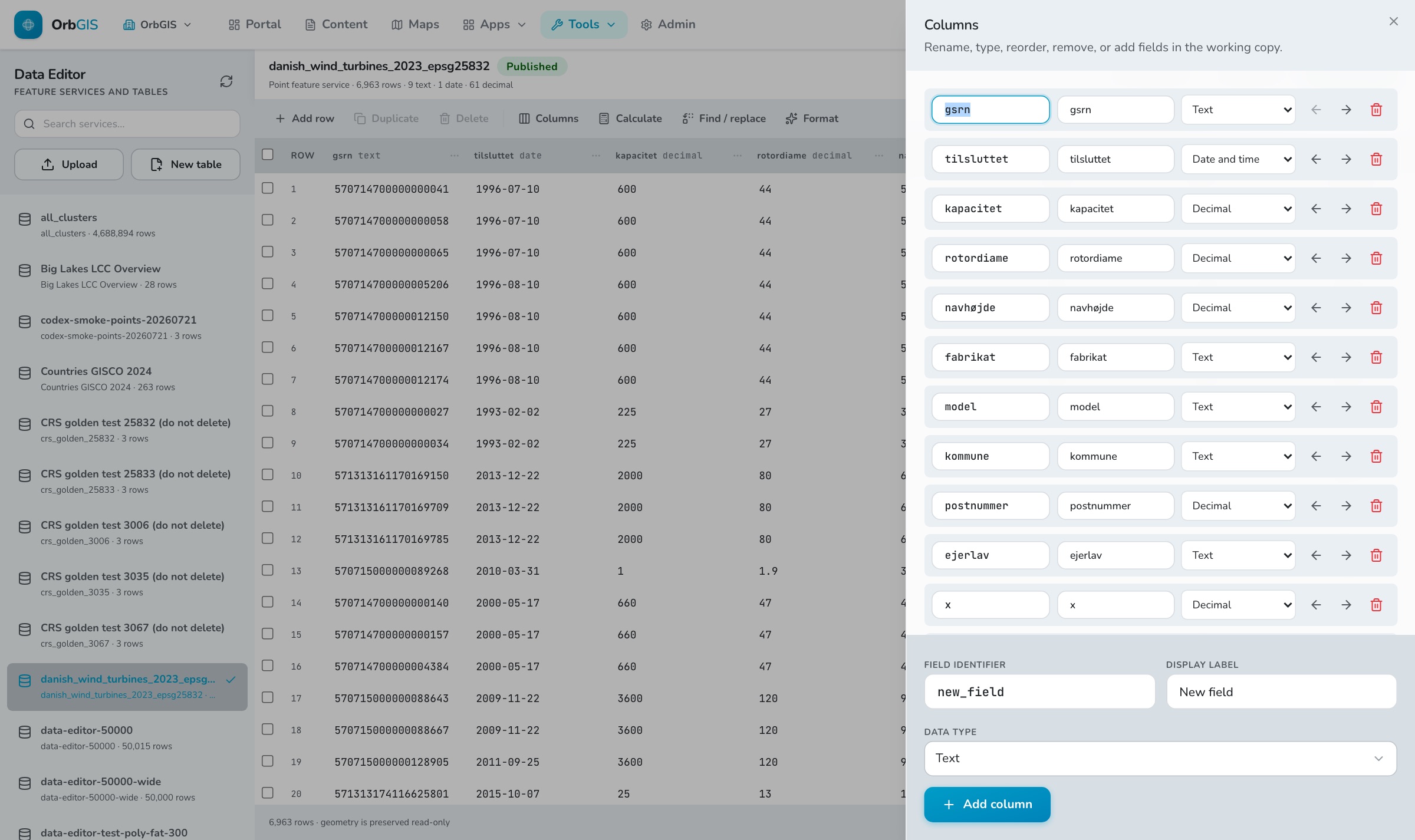 The Columns panel with field identifiers, display labels and data types