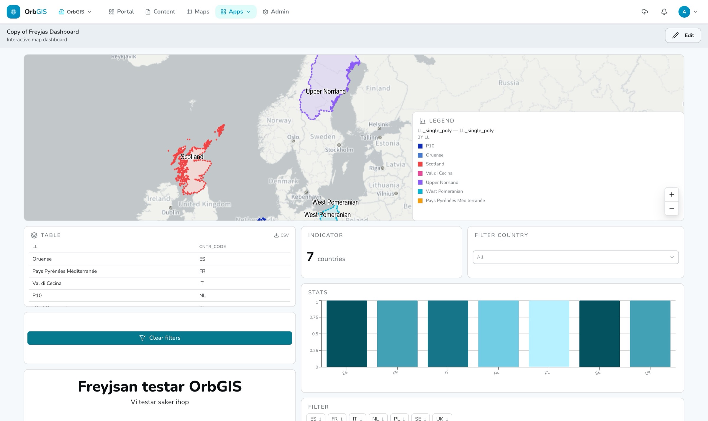 A published OrbGIS dashboard with map, table and stats