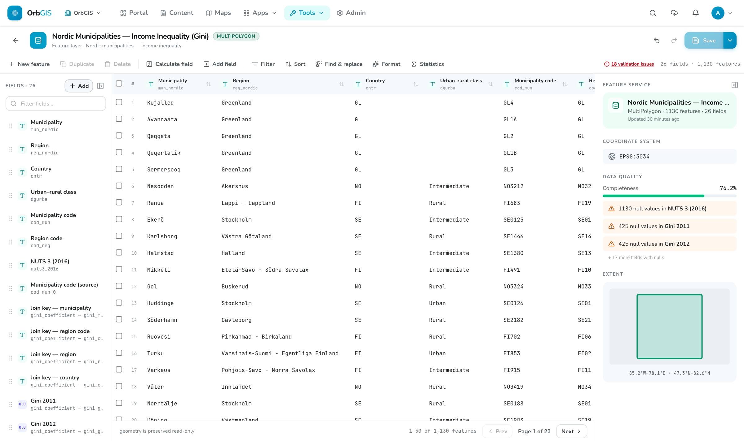 The OrbGIS Data Editor with a municipal dataset: aliased columns, data quality and extent