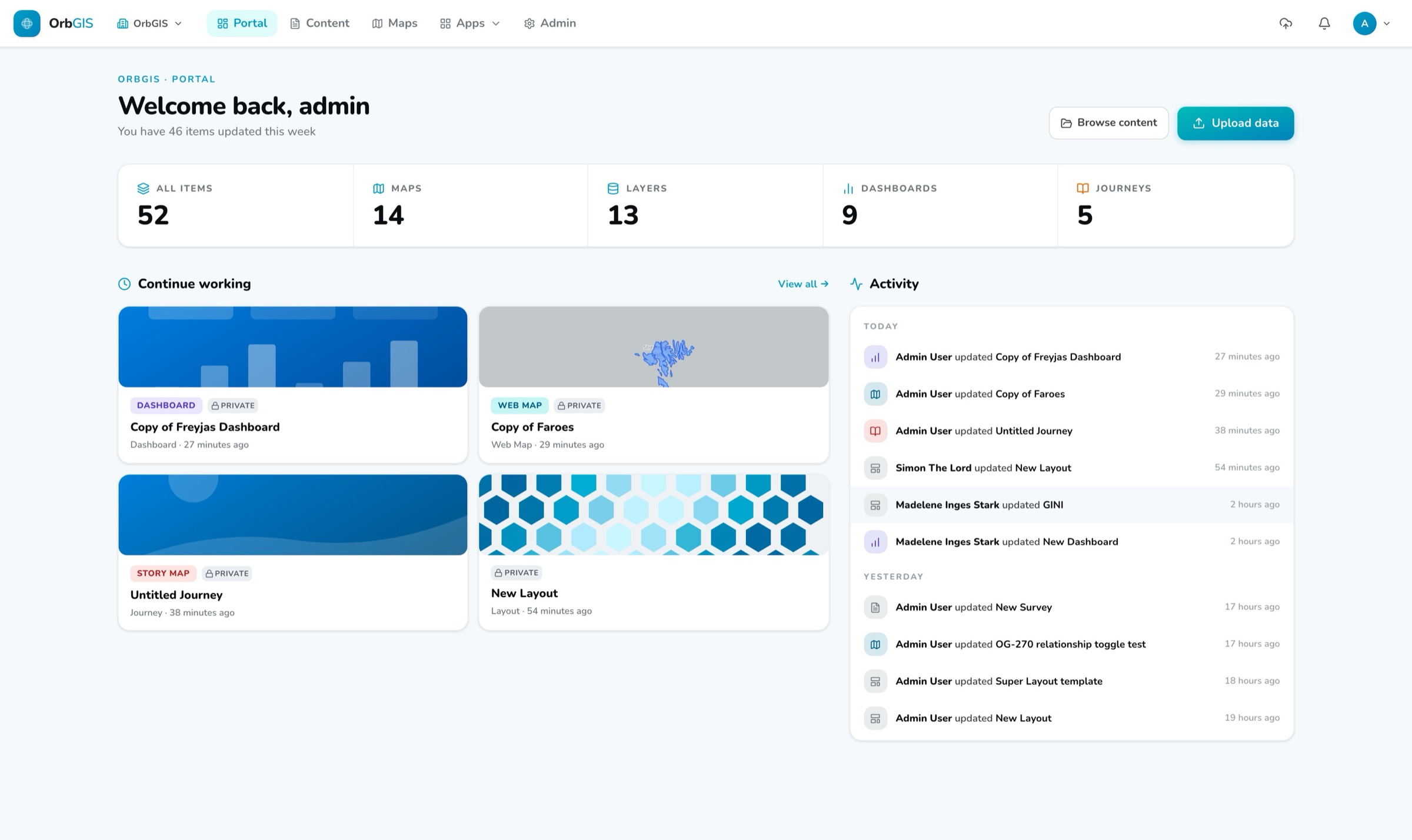The OrbGIS portal home with item stats and activity feed