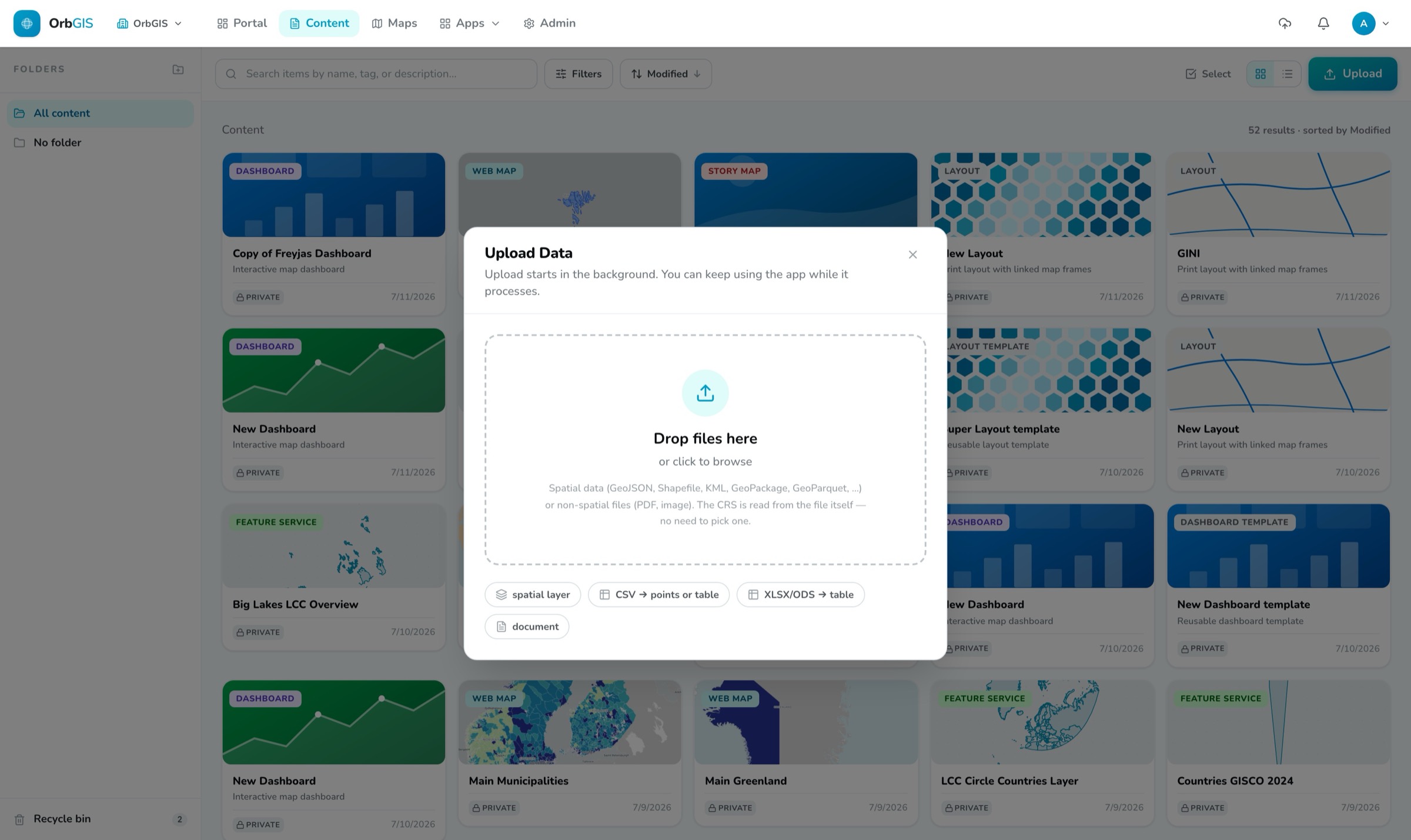 The OrbGIS upload dialog accepting spatial files