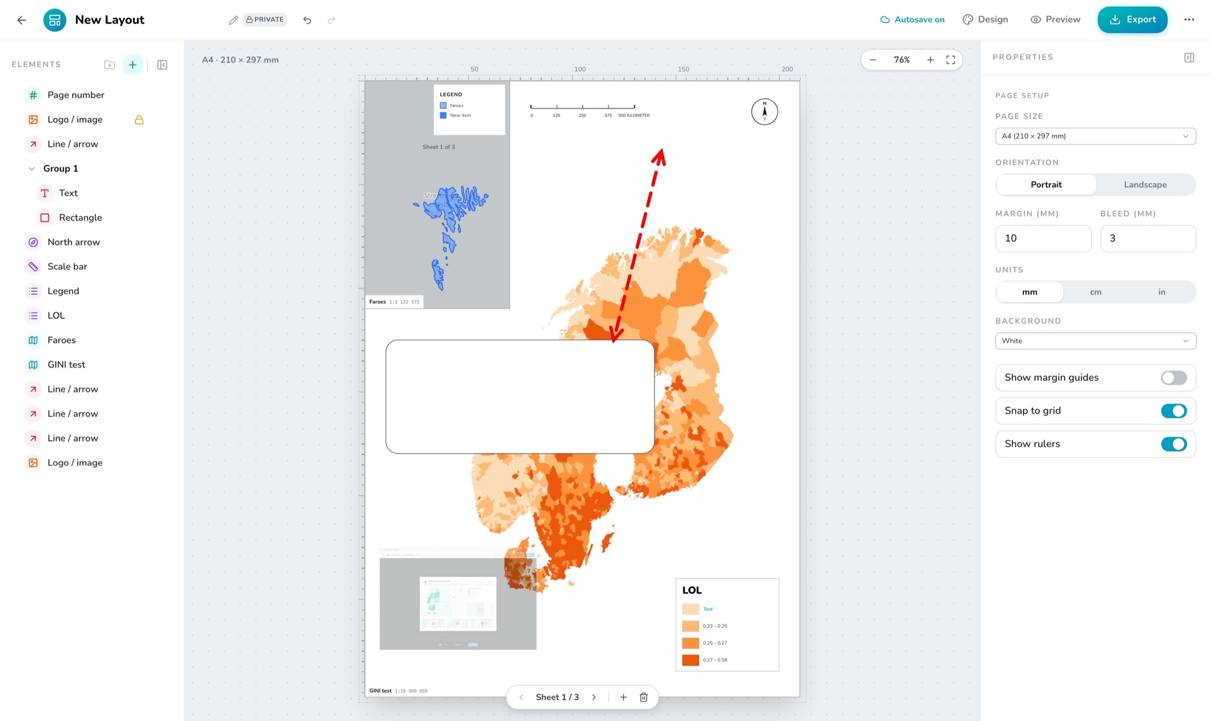 A print layout with a choropleth map frame and locator maps