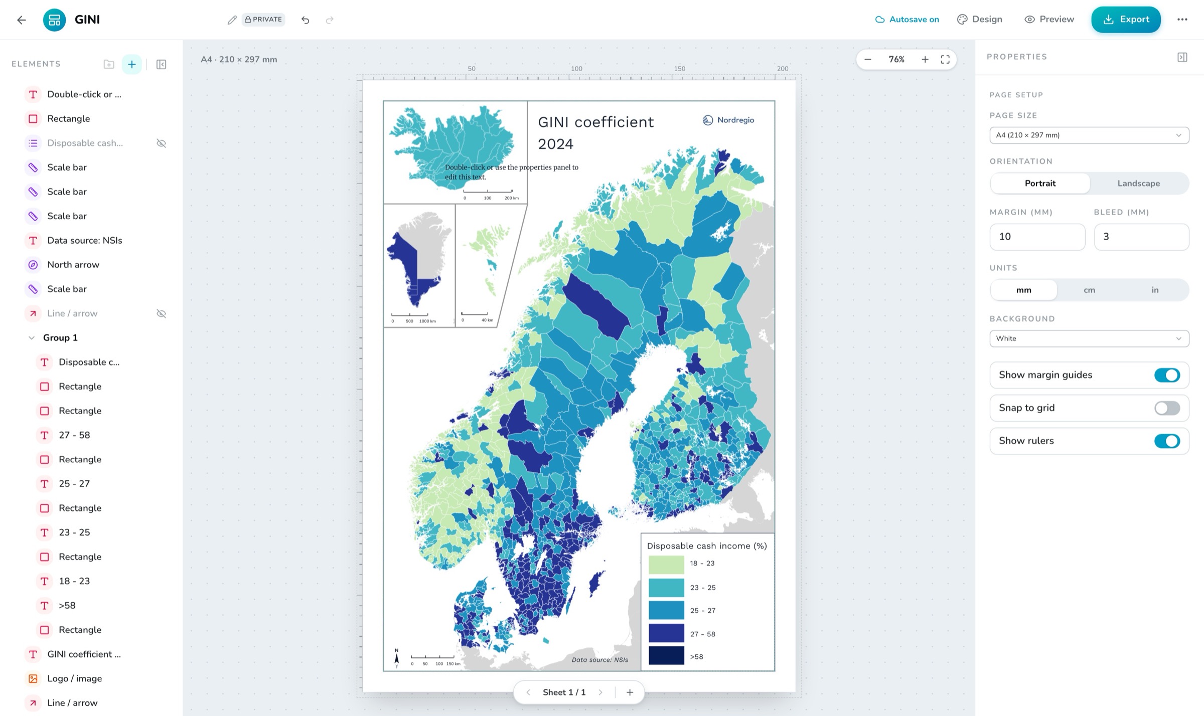 The OrbGIS print composer with an A4 sheet, map frame, legend and scale bar