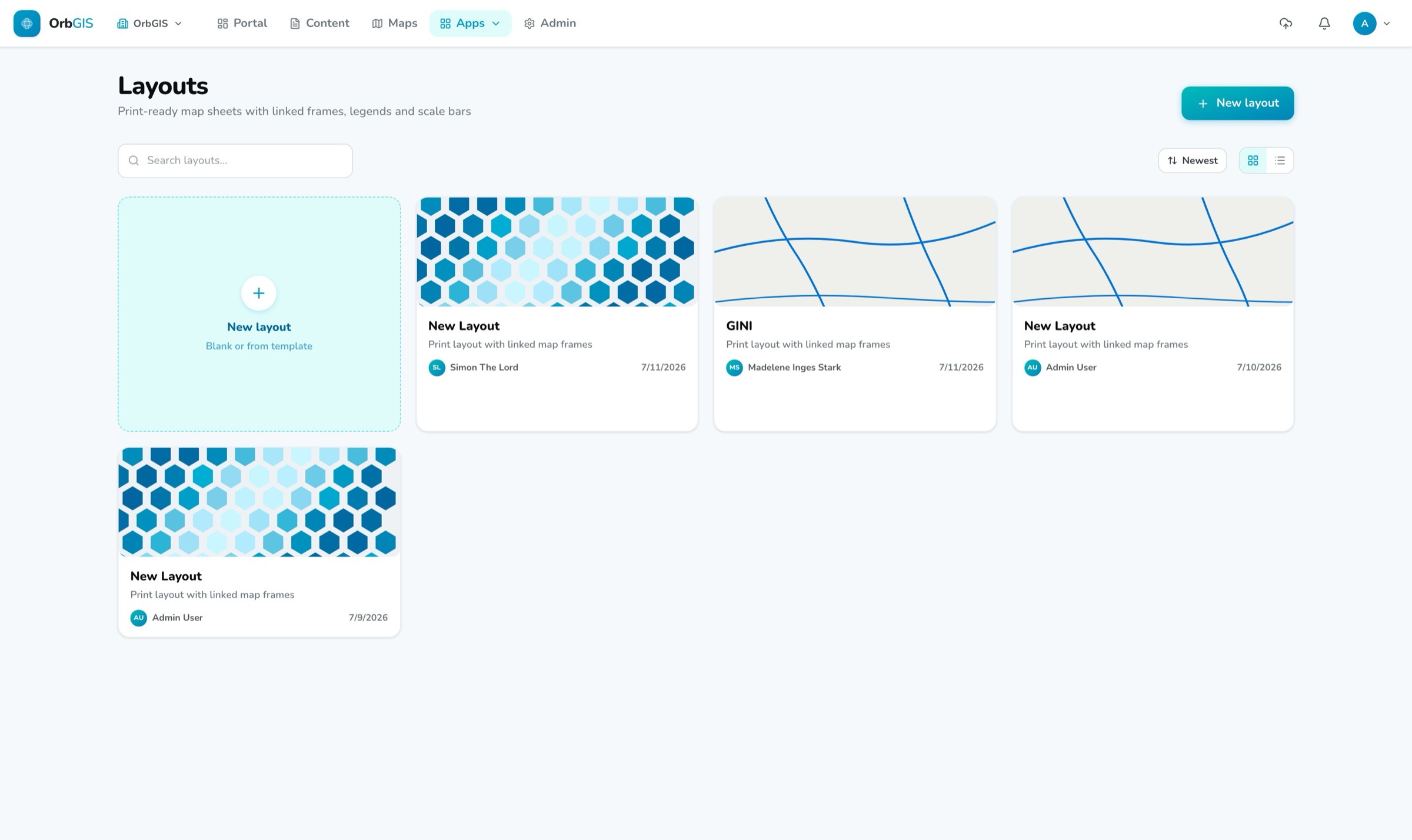 The layouts list in the OrbGIS portal