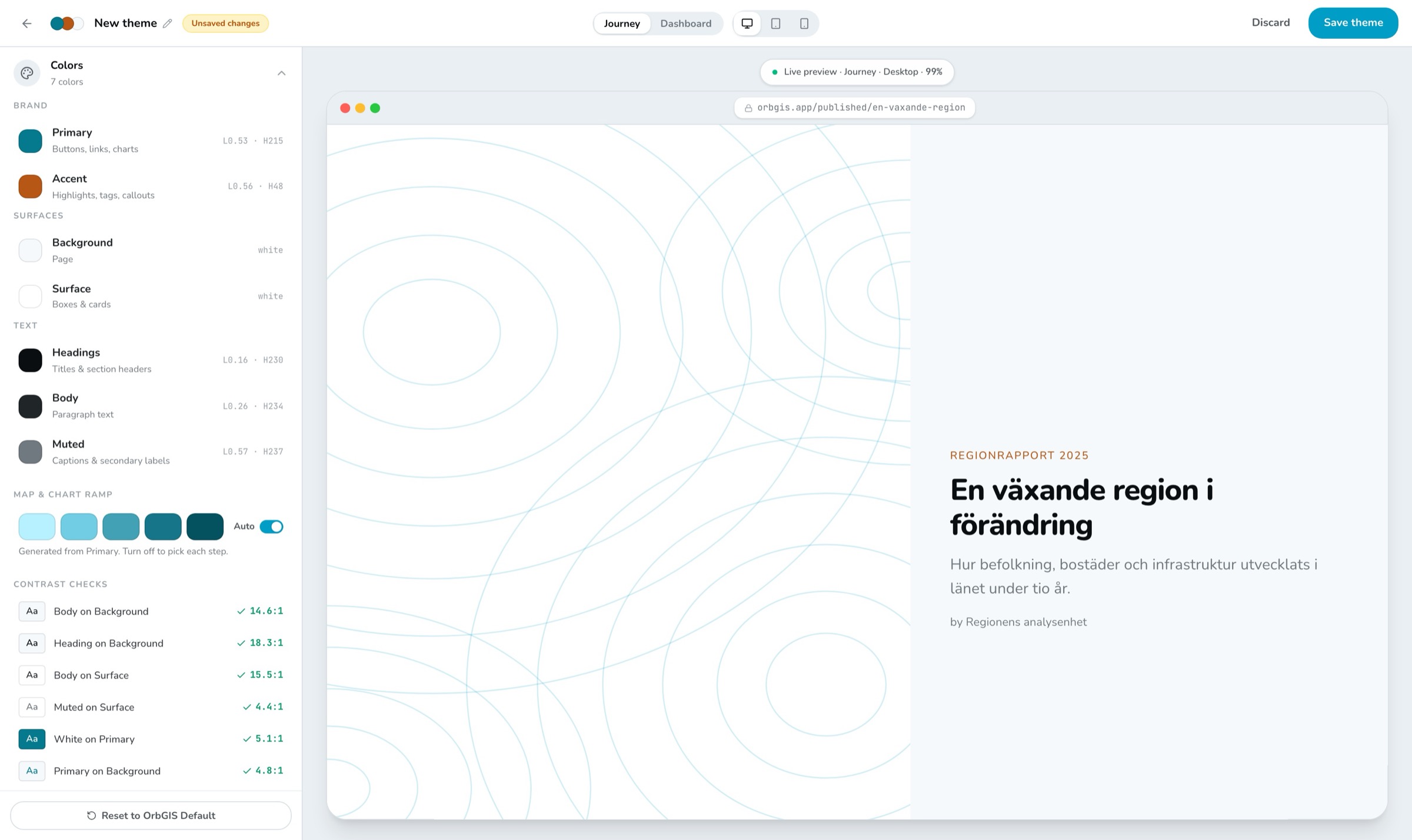 The OrbGIS theme builder with color tokens and a live storymap preview