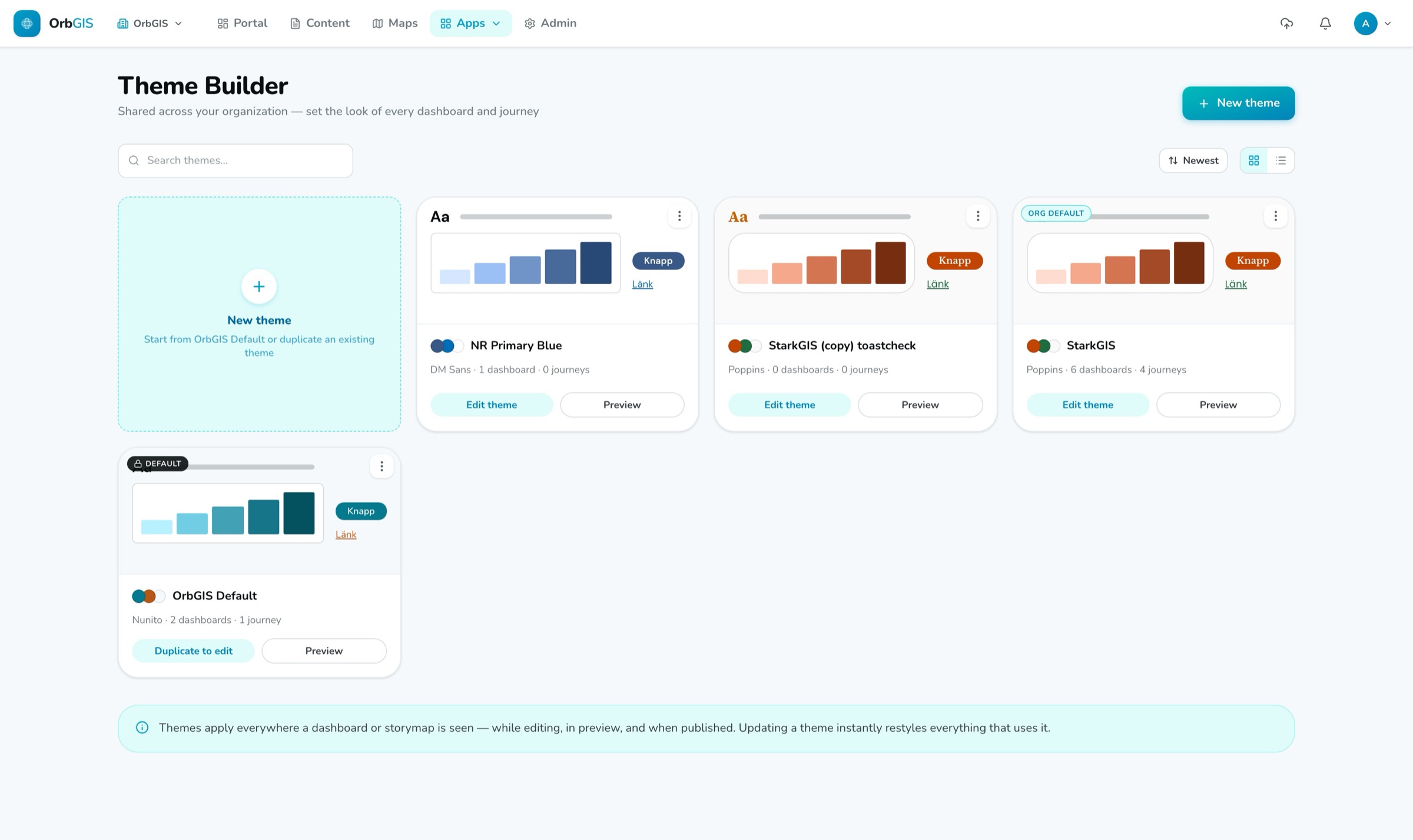 The org theme library with color ramps and text style previews