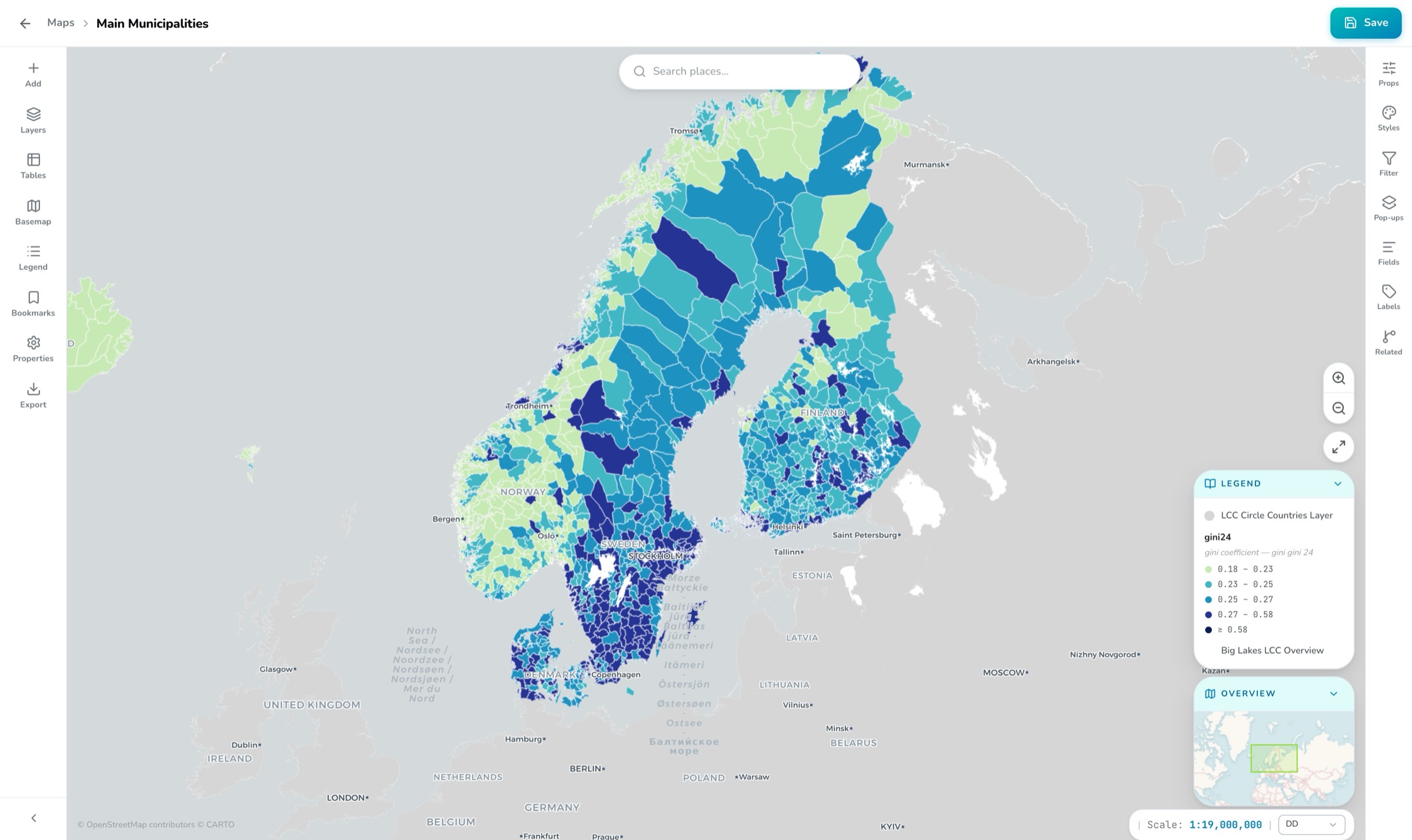 The OrbGIS map viewer with a graduated choropleth of Nordic municipalities