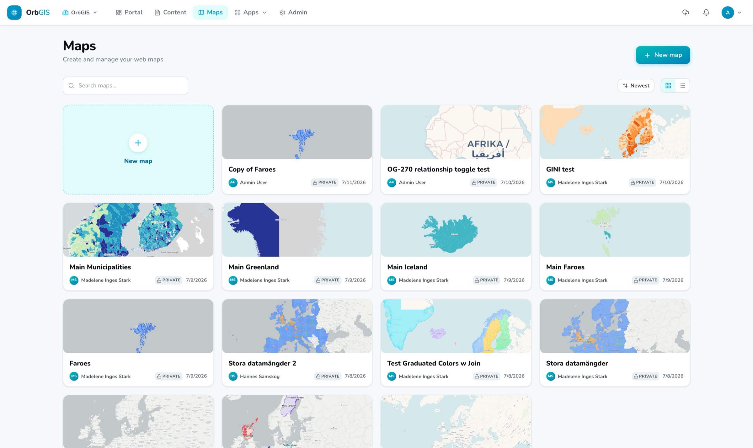 The maps list in the OrbGIS portal