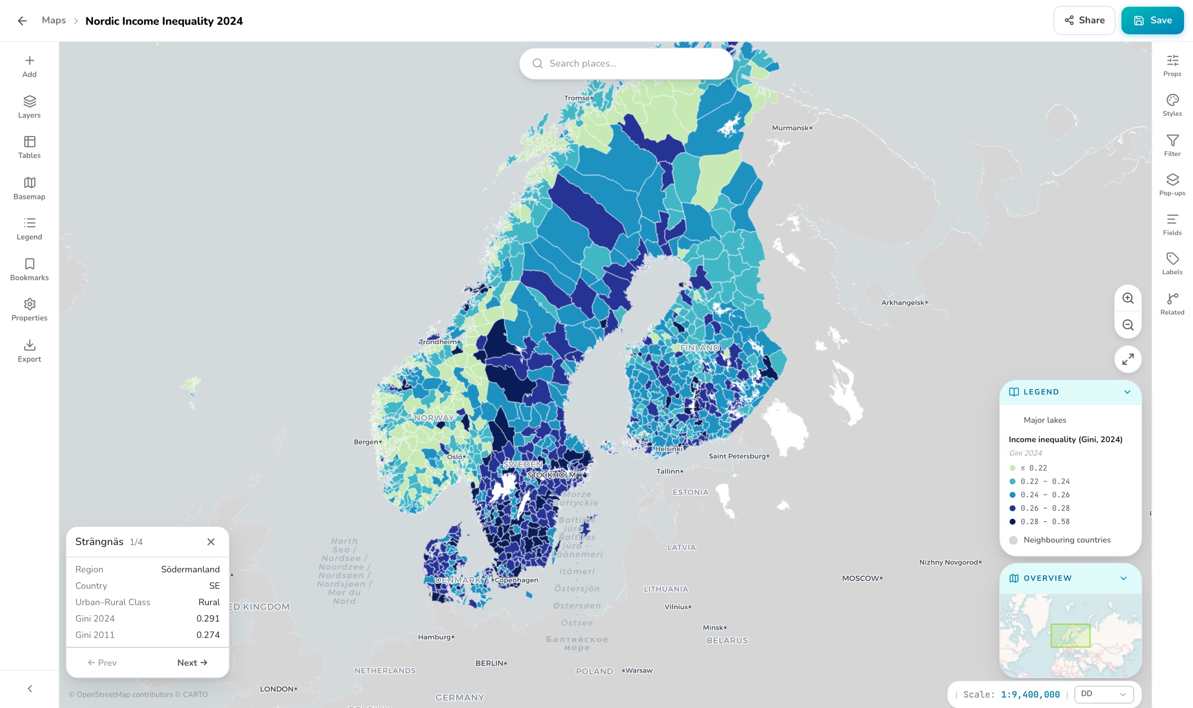A configured popup showing municipality details on the Nordic inequality map