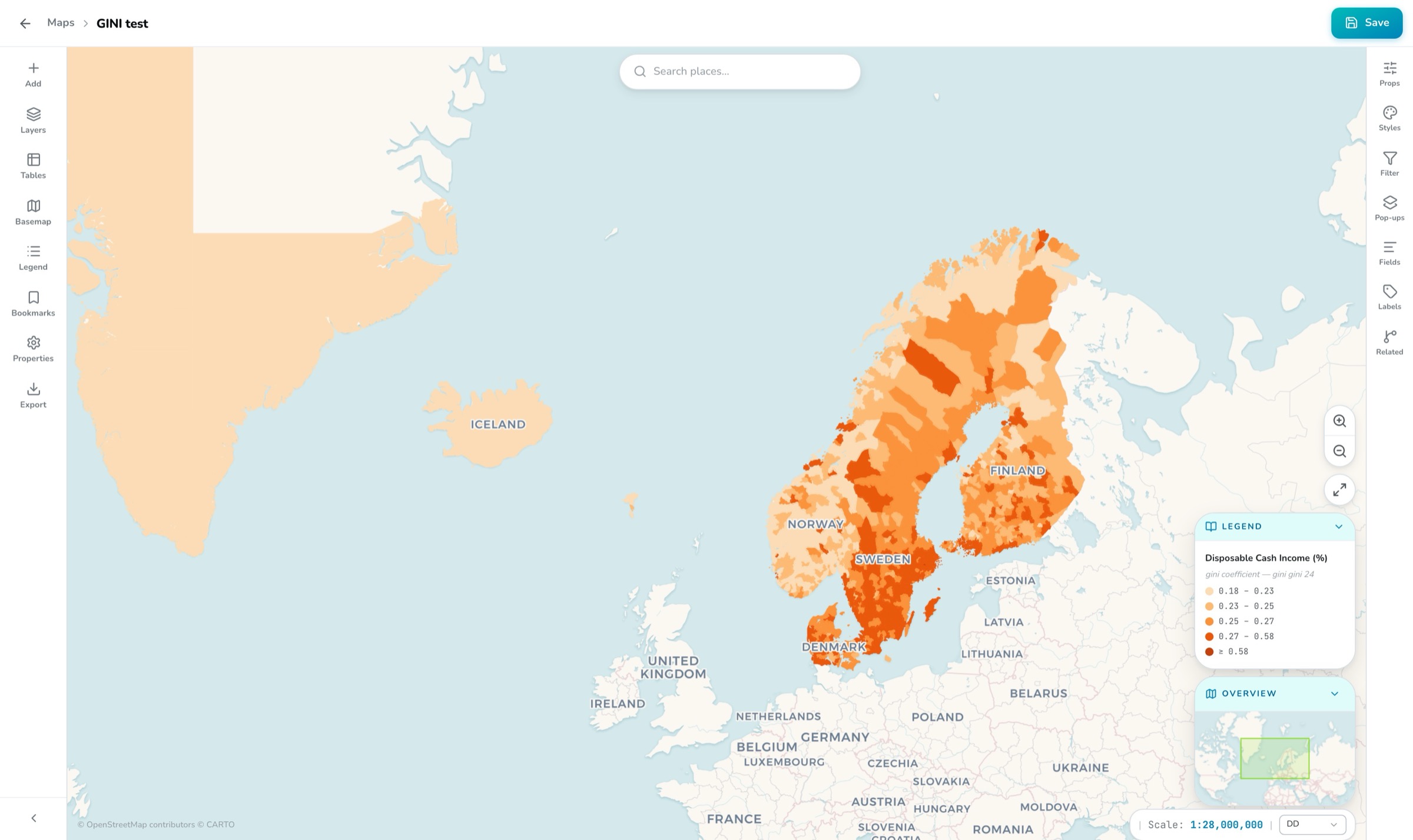 The OrbGIS map viewer with styled layers